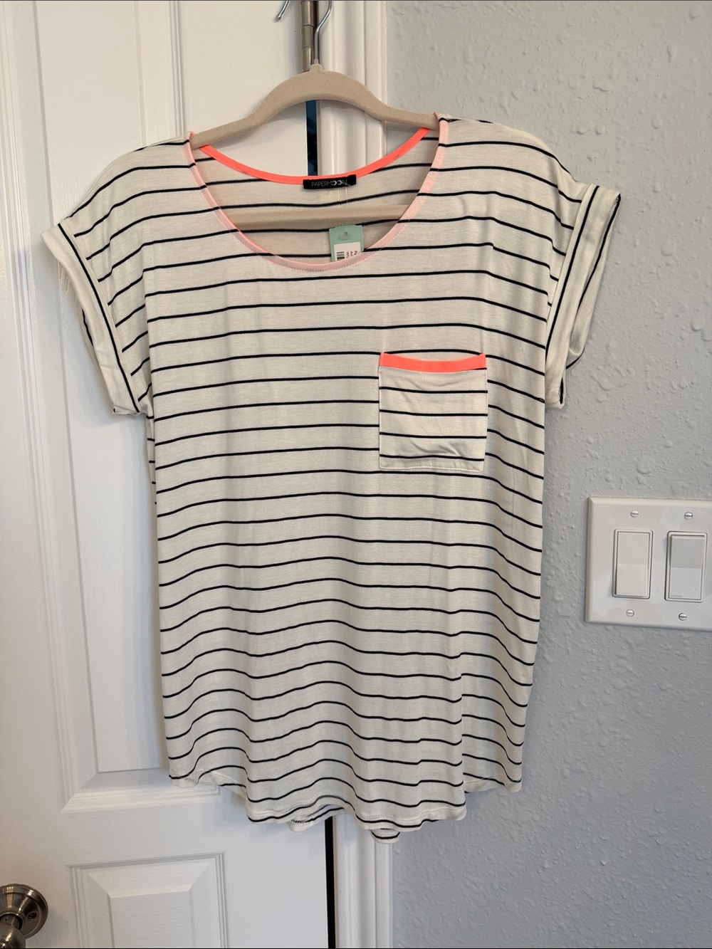 Papermoon Cream Striped Short-Sleeve Tee with Neon Pink Trim